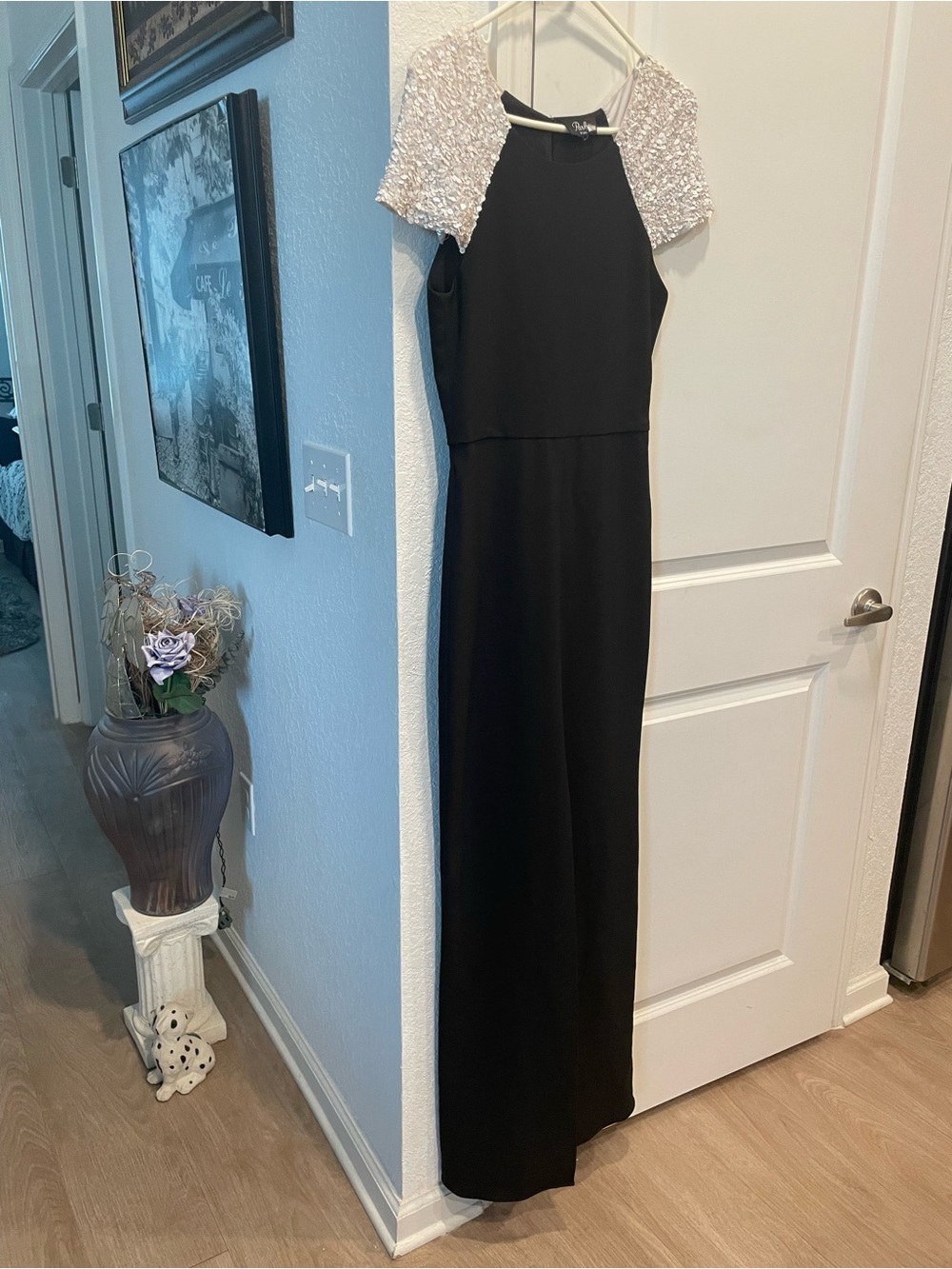 Black Maxi Dress with Ivory Sequin Cap Sleeves